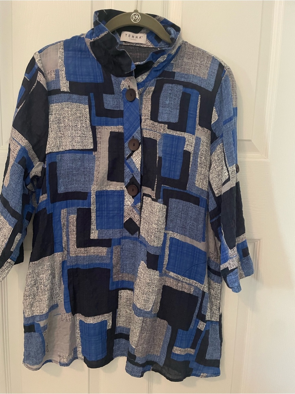 Terra Blue Geometric Button-Front Women's Blouse